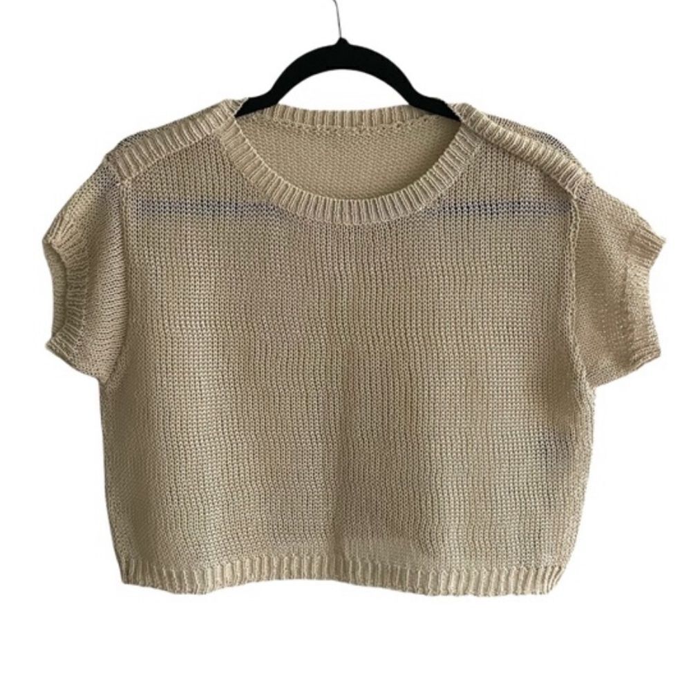 Tan Crew Neck Short Sleeve Knit Sweater One Size